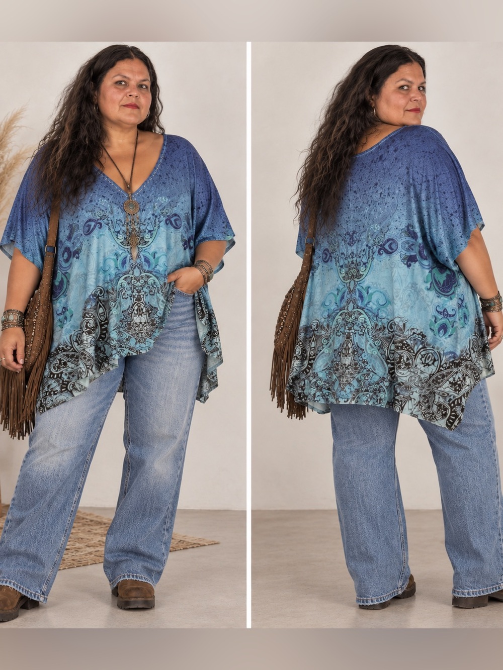live and let live Y2K Boho Wimsigoth Blue Grunge Paisley V-Neck Tunic Top 3XL